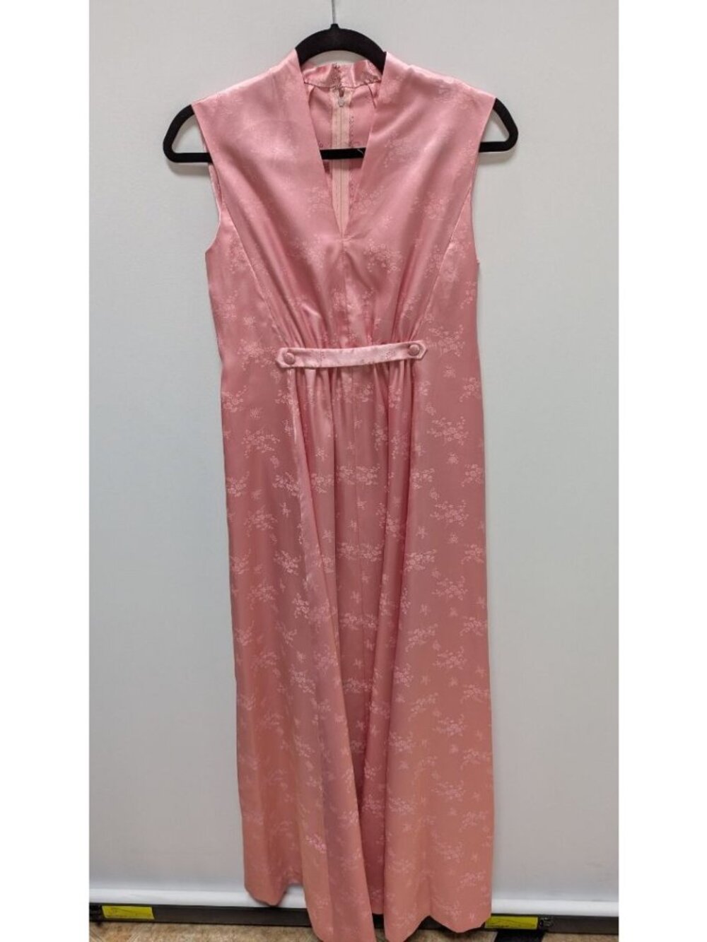 Vintage Light Pink Floral Satin Maxi Dress